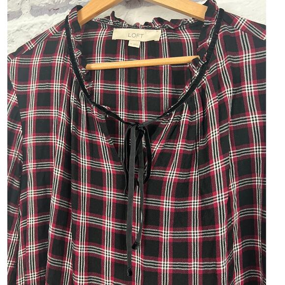 Loft Women M Cottagecore Academia Grunge 90s Preppy Plaid Peplum Tie Neck Blouse - Picture 5 of 11